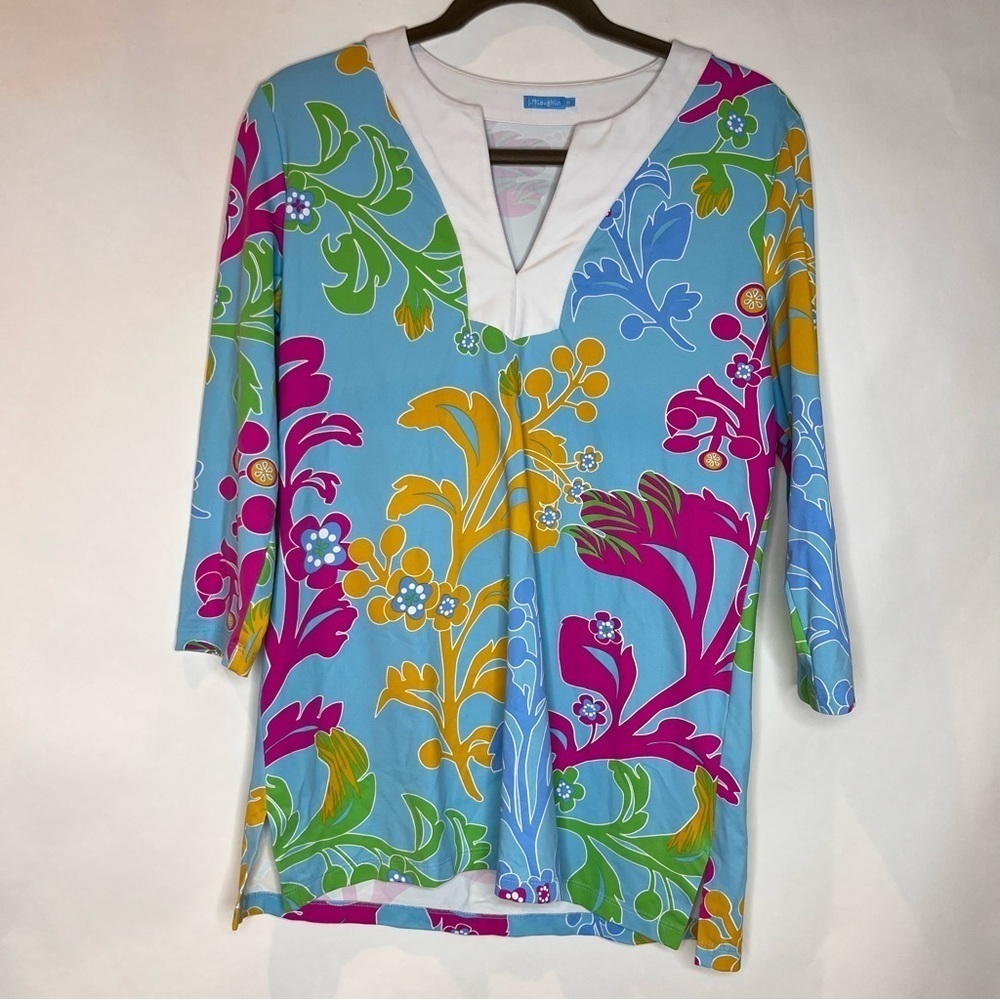 J. Mclaughlin | Floral Print Colorblock Long Sleeve V-Neck Top Blue Size M